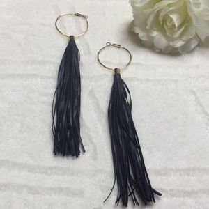 EUC Black Vegan Leather Dangling Tassel Earrings